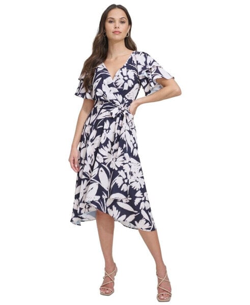 Petite Flutter-Sleeve Drapey-Crepe Fit & Flare Midi Dress