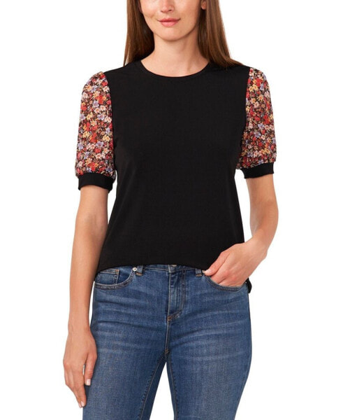 Women's Floral Mixed Media Short Sleeve Knit Top