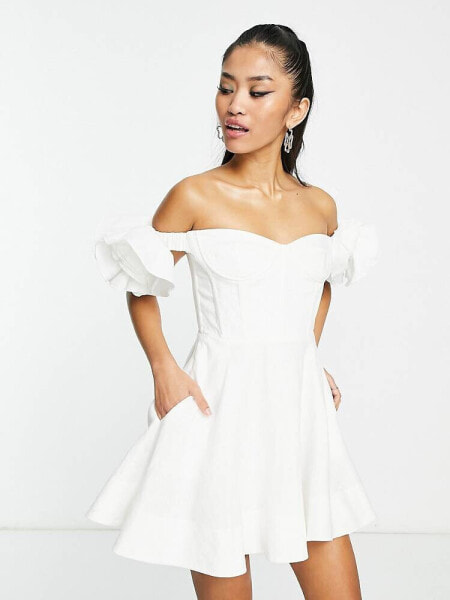 Bardot ruffle sleeve corset mini dress in white