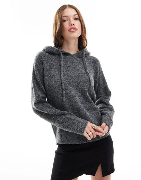 JJXX knitted fluffy hoody jumper in grey