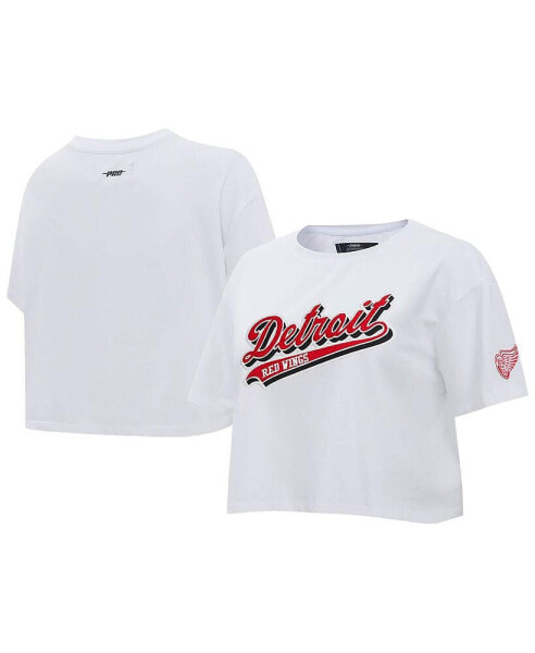 Women's White Detroit Red Wings Boxy Script Tail Cropped T-shirt
