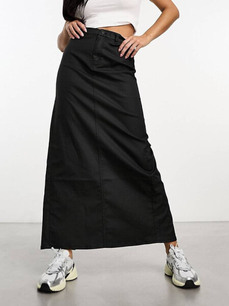 Weekday Rose wax coated maxi skirt with split in black