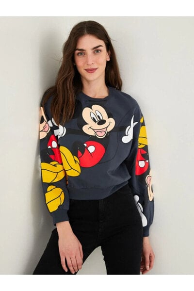Xsıde Bisiklet Yaka Mickey Mouse Baskılı Uzun Kollu Pamuklu Kadın Sweatshirt
