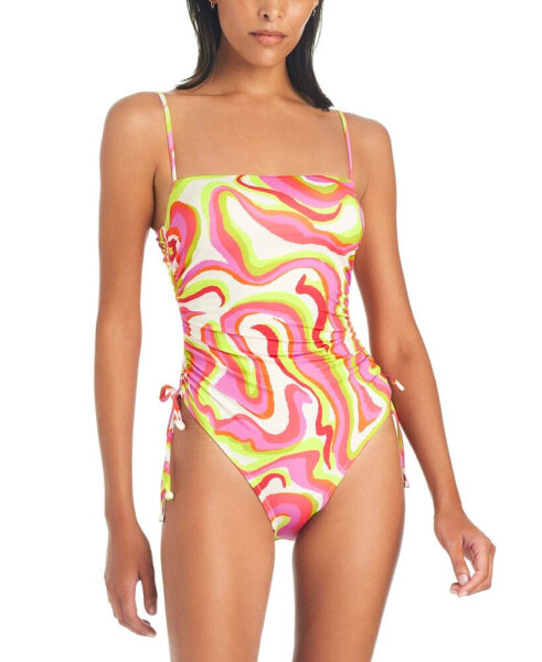Women's Neon Swirl Ruched-Side Swimsuit