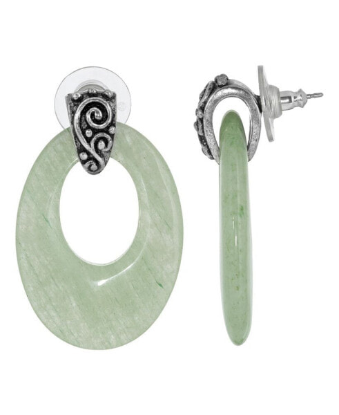 Pewter Semi Precious Oval Aventurine Hoop Earrings