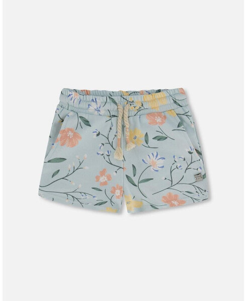 Girl French Terry Short Baby Blue With Printed Romantic Flower - Child