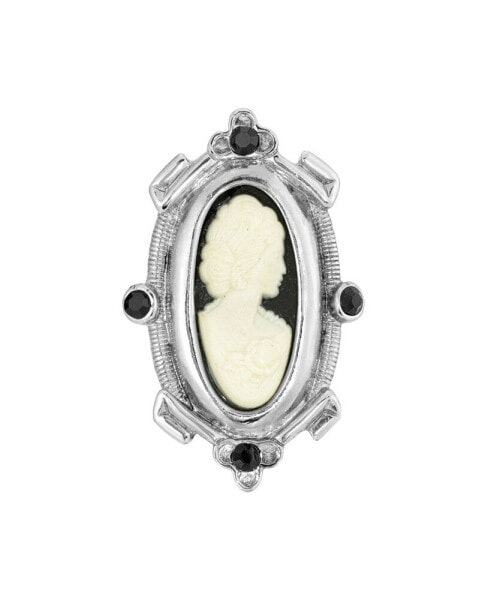 Silver-Tone Black and White Oval Cameo Pin