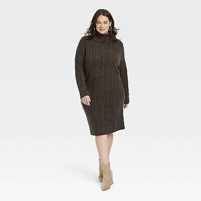 Women's Turtleneck Long Sleeve Cozy Sweater Dress - A New Day Brown XXL