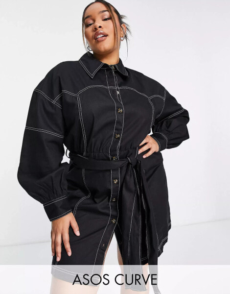 ASOS DESIGN Curve yoke detail twill mini shirt dress in black