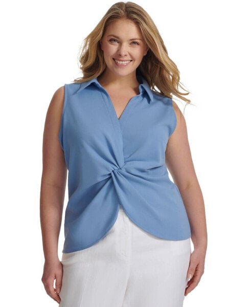 Plus Size Collared Twist-Front Sleeveless Top