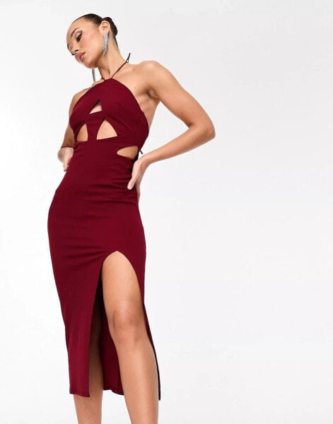 ASOS DESIGN super cut out halter midi dress in berry