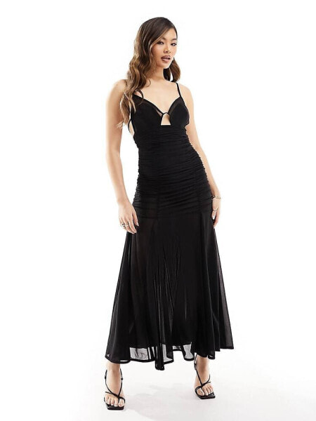 ASOS DESIGN sheer godet maxi dress with cut out detail in black