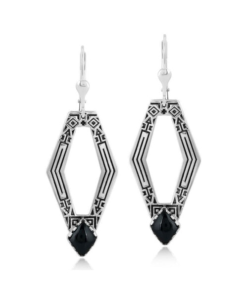 Sterling Silver and Geometric Shape Black Agate Gemstone Lever Back Earrings