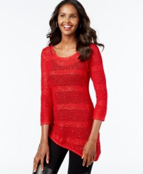 INC International Concepts Women's Scoop Neck Sequin Sweater Red S