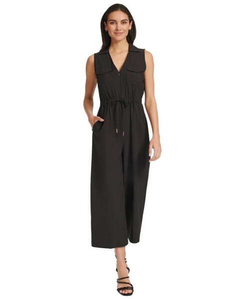 Women's Collared V-Neck Straight-Leg Jumpsuit