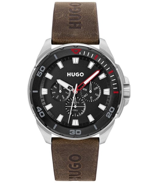 HUGO Men's Fresh Brown Genuine Leather Strap Watch, 44mm