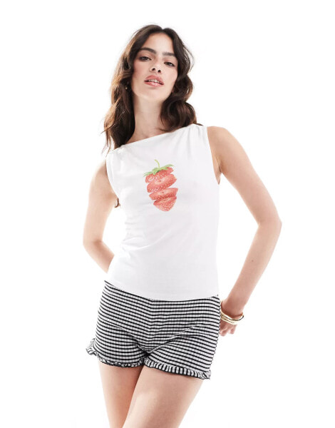 ASOS DESIGN slash neck tank with strawberry graphic in white