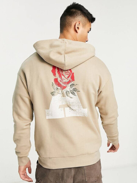 ADPT oversized washed hoodie with rose back print in beige 