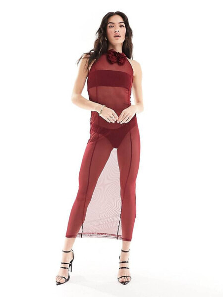 ASOS DESIGN mesh sleeveless maxi dress with corsage in oxblood
