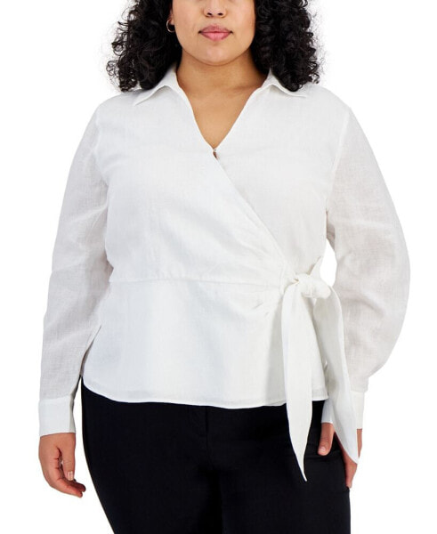 Plus Size Collared Long-Sleeve Wrap Top, Created for Macy's