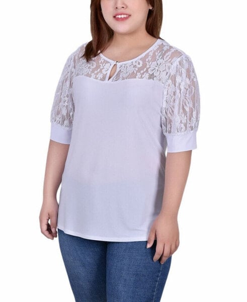 Plus Size Short Puff Sleeve Top with Lace Sleeves and Yoke