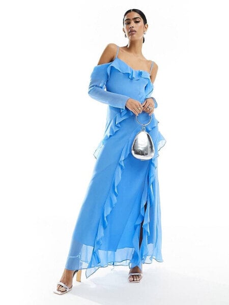 Forever New long sleeve sheer ruffle maxi dress in blue