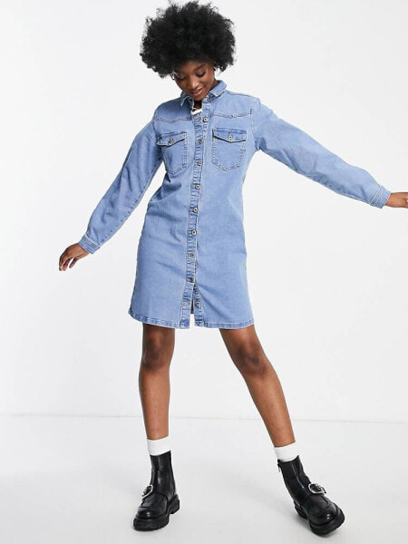 Pieces button front mini shirt dress in light blue denim