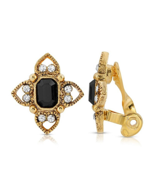 Gold Tone Black Rectangle Crystal Floral Clip Earring