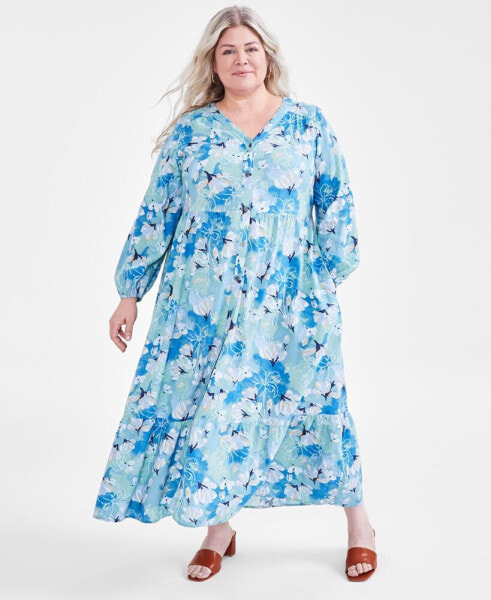 Plus Size Floral-Print Tiered 3/4-Sleeve Dress, Created for Macy's