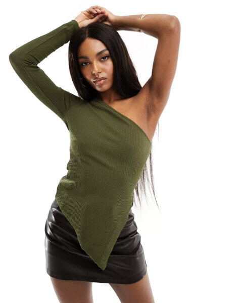 NA-KD one sleeve asymmetric hem top in khaki