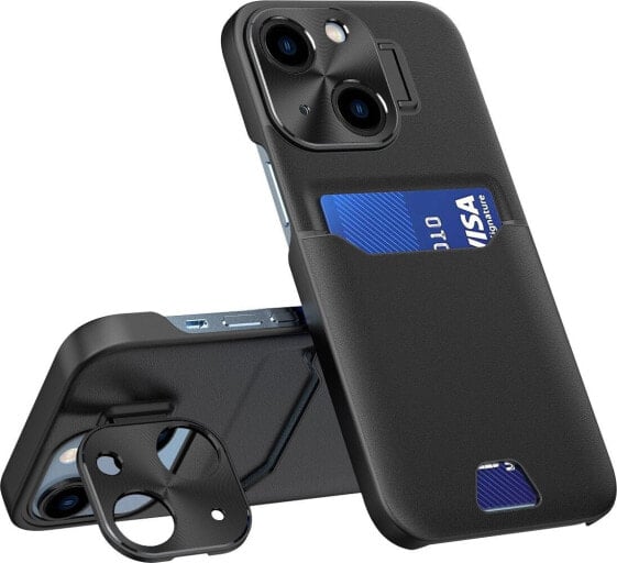 Hurtel Leather Stand Case etui do iPhone 14 pokrowiec portfel na kartę z podstawką czarne