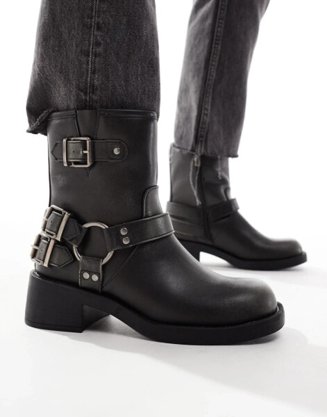 New Look worn biker boot with hardware in washed black