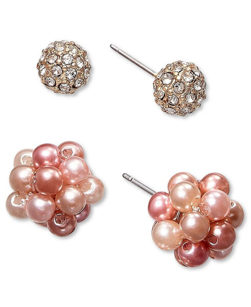 Gold-Tone 2-Pc. Set Imitation Pearl Cluster & Crystal Fireball Stud Earrings, Created for Macy's