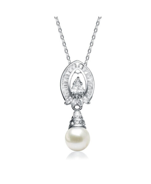 White Gold Plated Sterling Silver with Faux Pearl Pear Drop Pendant
