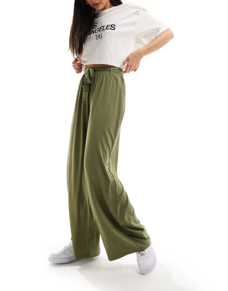 ASOS DESIGN tie belt wide leg trouser in khaki