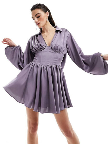 ASOS DESIGN cowl back satin mini shirt dress with corset waist in lilac 