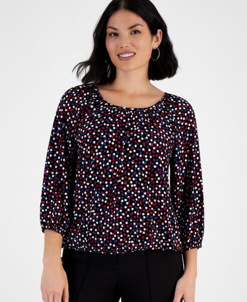 Petite Printed Shirred Scoop-Neck Top