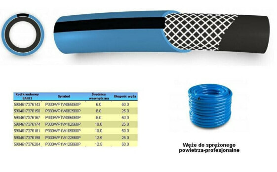 WĄŻ DO SPRĘŻONEGO POWIETRZA FI = 6mm x 50m, NIEBIESKI, PROFESIONALNY