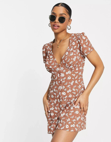 ASOS DESIGN crepe cap sleeve tea button front playsuit in brown daisy