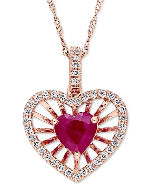 Macy's ruby (1 ct. t.w.) & Diamond (1/4 ct. t.w.) Heart Spoke 17" Pendant Necklace in 14k Rose Gold