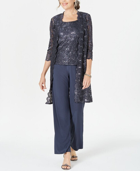 Petite 3-Pc. Sequined-Lace Jacket, Top & Pants