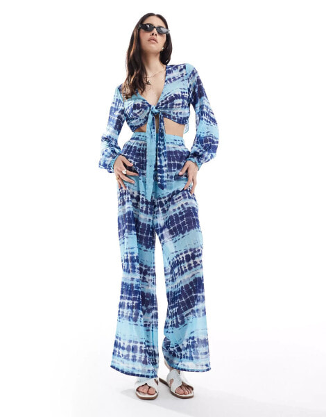 Wednesday's Girl batik print wide leg beach trousers in blue co-ord