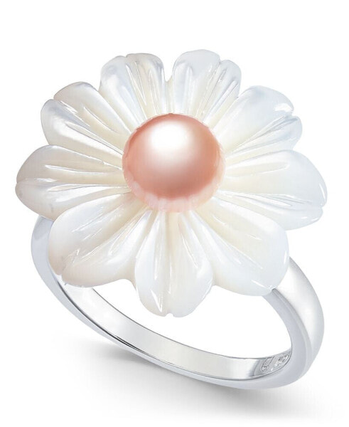 Pink Cultured Freshwater Button Pearl (6mm) & Mother-of-Pearl Flower Statement Ring in Sterling Silver