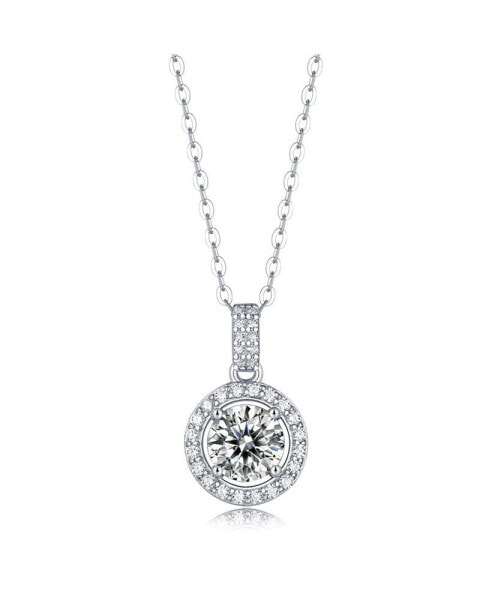 Sterling Silver White Gold Plated with 1ctw Lab Created Moissanite Halo Cluster Drop Pendant Necklace