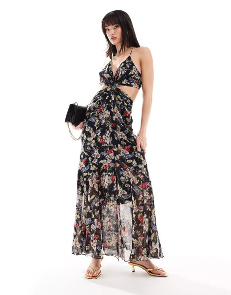 ASOS DESIGN soft maxi sundress with cutout in black floral print