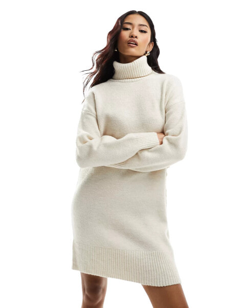 New Look roll neck knitted mini dress in cream