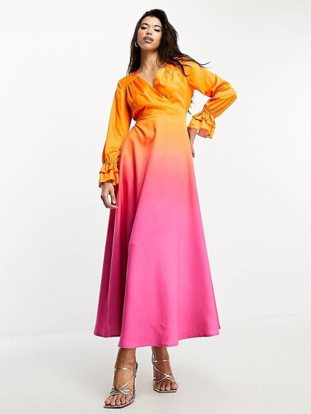 Женское вечернее платье Flounce London Langärmliges Maxikleid mit Farbverlauf in Rosa und Orange