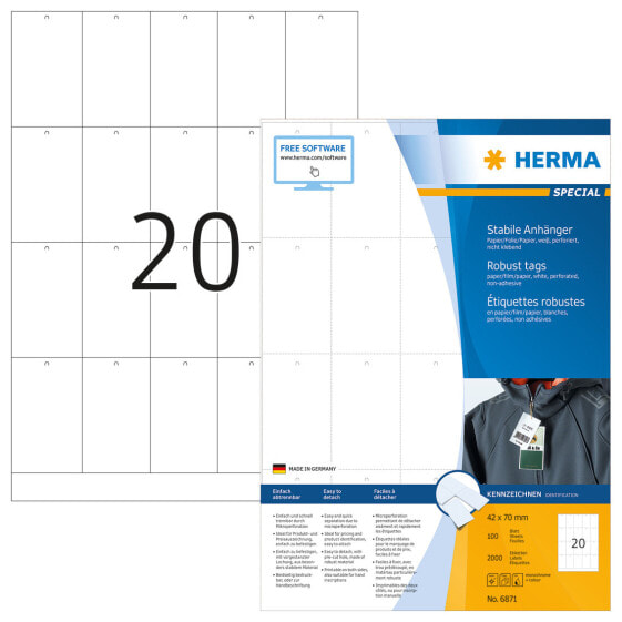 HERMA Robust tags A4 42x70 mm white paper/film/paper perforated non-adhesive 2000 pcs. - White - Rectangle - Paper - Germany - Laser/Inkjet - 4.2 cm