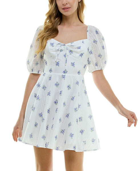 Juniors' Eyelet Floral Print Puff-Sleeve Fit & Flare Dress