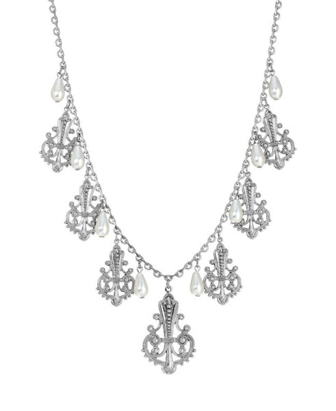 Silver-Tone Filigree Drops with Imitation Pearl Necklace